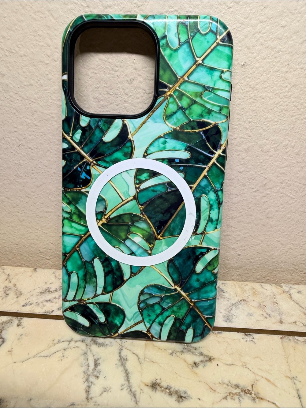 Green Tropical Leaf iPhone 15 pro max with Magnetic pop socket ring
